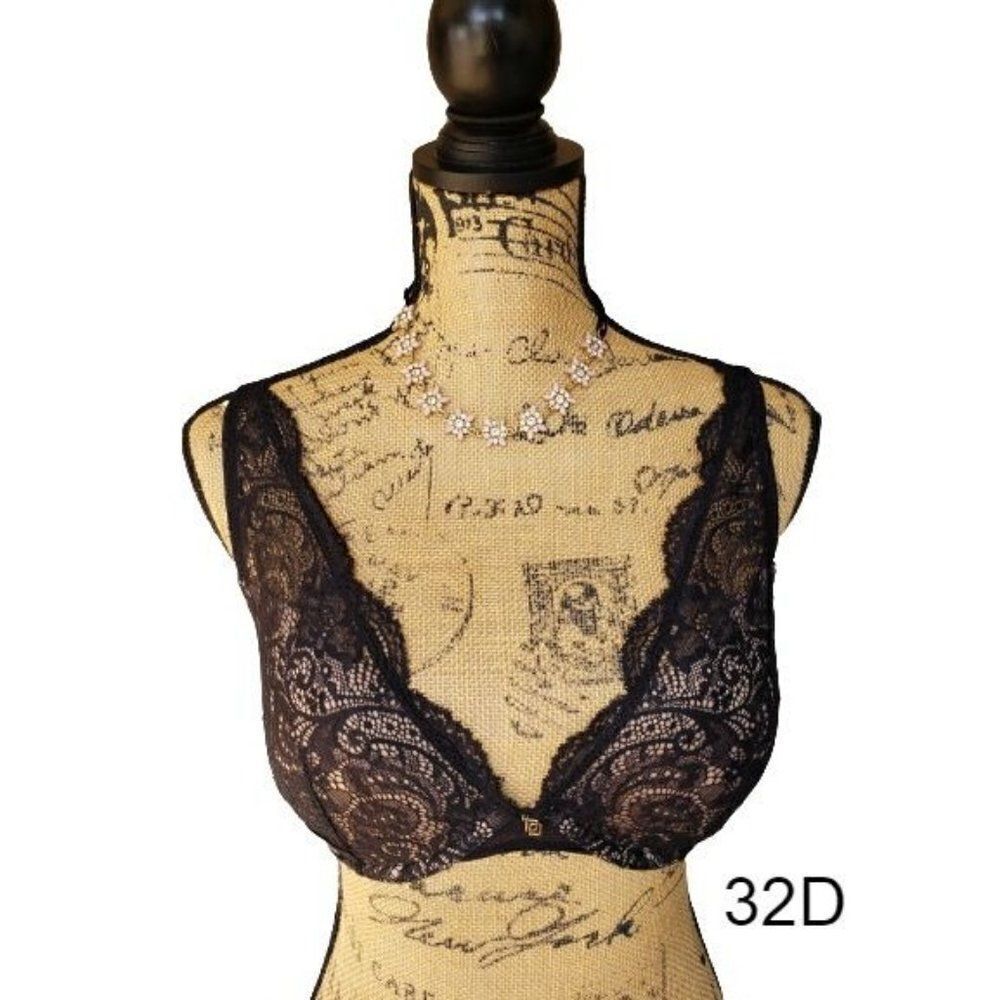 Women's Bra 32D Lace Plunge Double Push up Black Molded Sexy Bra 32D